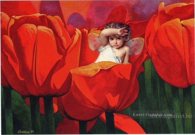 Kleine Fee im roten Blumen Originale Engel Ölgemälde